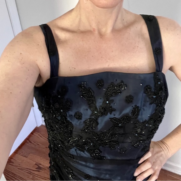 San Carlin Dresses Vintage Navy Embroidered Tulle and Iridescent Satin Maxi Gown - Picture 2 of 15